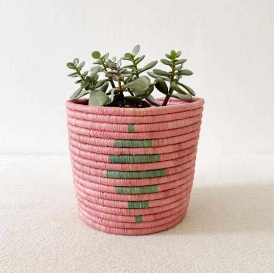African Storage Basket | Handmade Rwanda Planter Basket | Pink & Multicolor Raffia & Sweetgrass