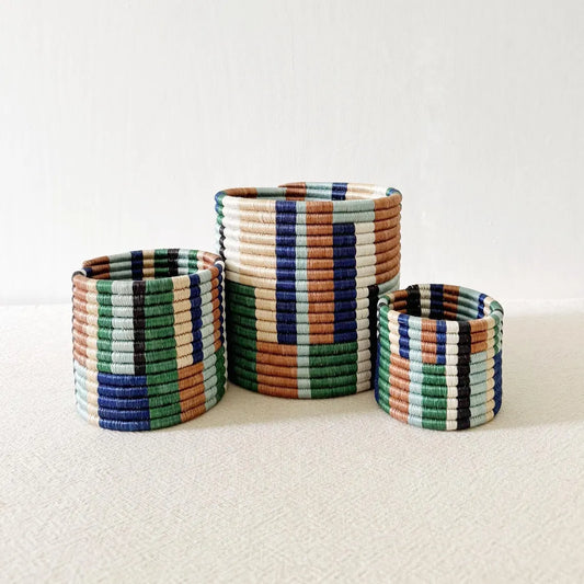 African Storage Basket Set – Handwoven Rwanda Kiondo Basket | Sisal & Sweetgrass | Blue Green Multicolor Plant & Home Organizer
