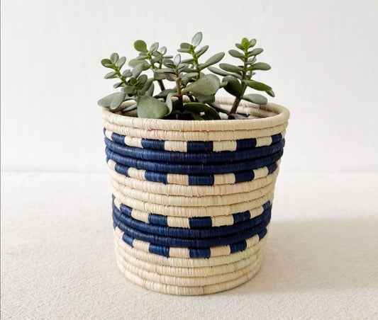 African Storage Basket – Handwoven Rwanda Planter Basket | Raffia & Sweetgrass | Natural & Blue Home Decor Organizer