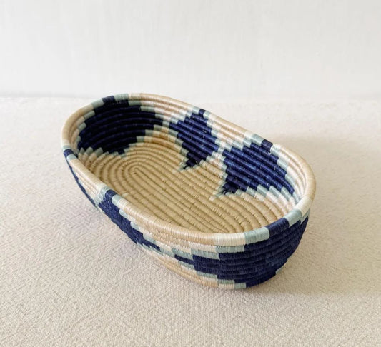 African Bread Basket – Handwoven Gasura Basket from Rwanda | Sisal & Sweetgrass | Blue & Beige Woven Serving Bowl