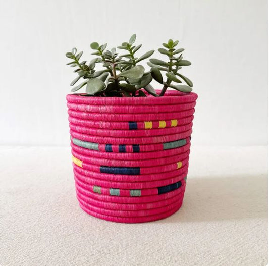 African Storage Basket | Handmade Rwanda Planter Basket | Pink & Multicolor Raffia & Sweetgrass
