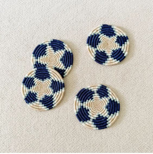 African Coasters Set | Handmade Rwanda Sisal & Sweetgrass Drink Coasters | Blue & Beige Woven Barware