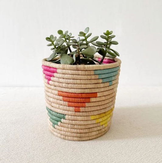 African Storage Basket | Handmade Rwanda Planter Basket | Pink & Multicolor Raffia & Sweetgrass