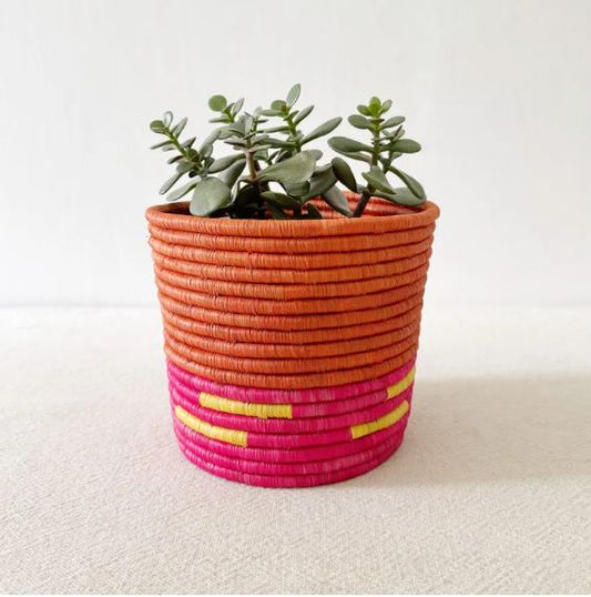 African Storage Basket | Handmade Rwanda Planter Basket | Pink & Multicolor Raffia & Sweetgrass