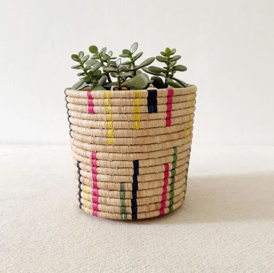 African Storage Basket | Handmade Rwanda Planter Basket | Pink & Multicolor Raffia & Sweetgrass