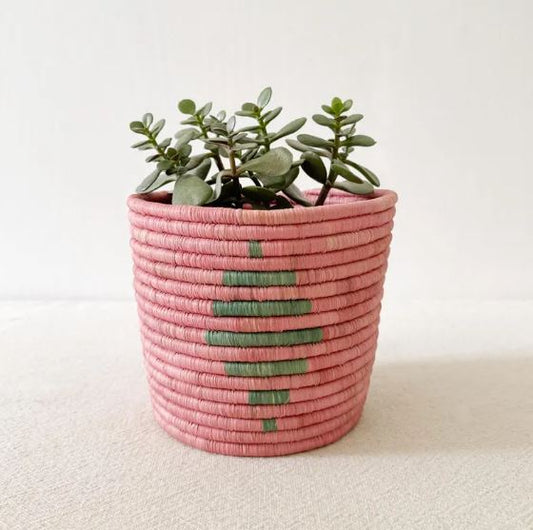 African Storage Basket | Handmade Rwanda Planter Basket | Pink & Multicolor Raffia & Sweetgrass