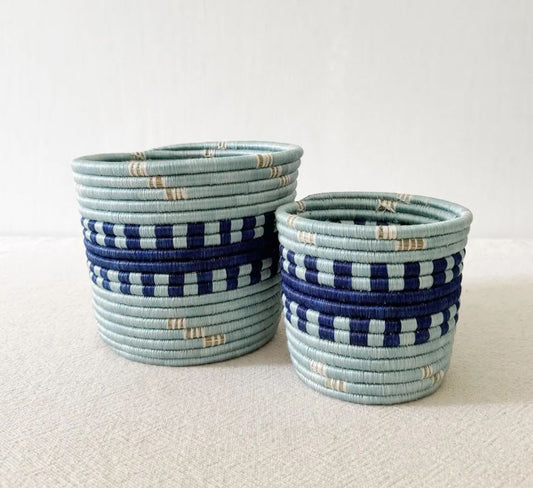 African Storage Basket | Handmade Rwanda Sisal & Sweetgrass Planter | Blue & White Woven Organizer