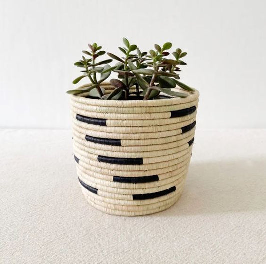 African Storage Basket | Handmade Rwanda Planter Basket | Pink & Multicolor Raffia & Sweetgrass