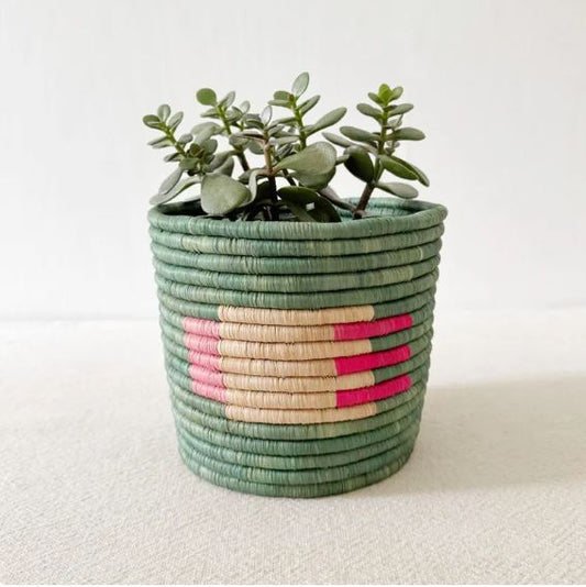 African Storage Basket | Handmade Rwanda Planter Basket | Pink & Multicolor Raffia & Sweetgrass